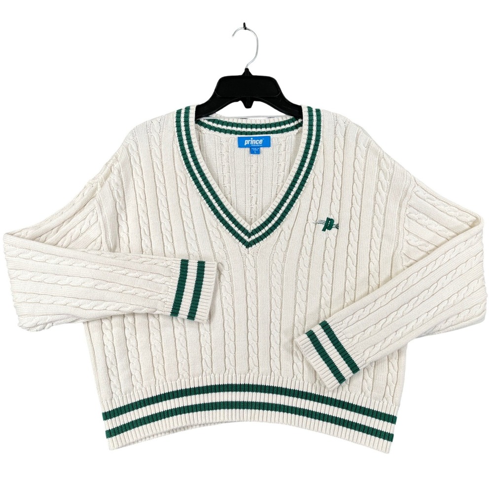 Prince Pickleball Cable Knit Sweater Womens L Cream Green Striped Tenniscore